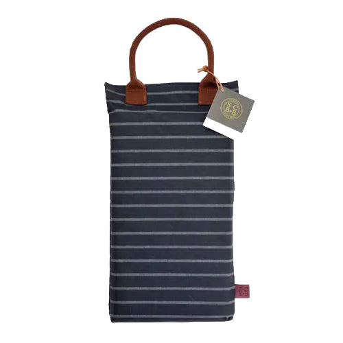 Navy striped gardening kneeler with brown handles and a tag on a white background