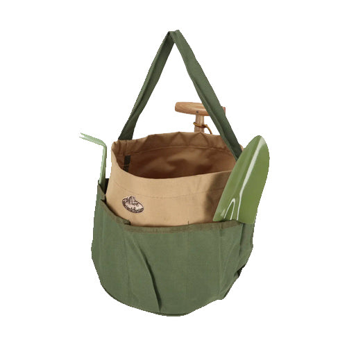 Green carrying bag holding gardening tools with a brown interior on a white background
