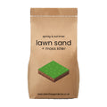 Brown paper bag labeled 'lawn sand + moss killer' with a graphic of grass and soil.