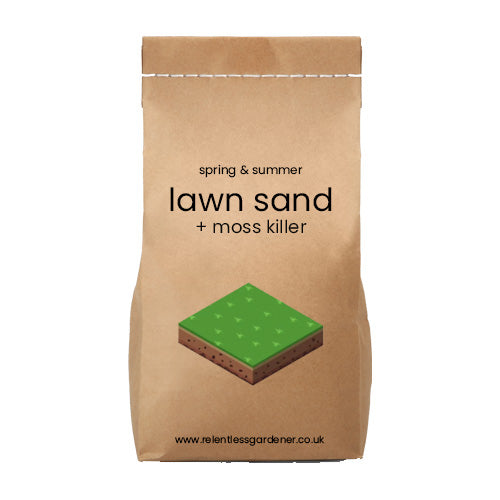 Brown paper bag labeled 'lawn sand + moss killer' with a graphic of grass and soil.