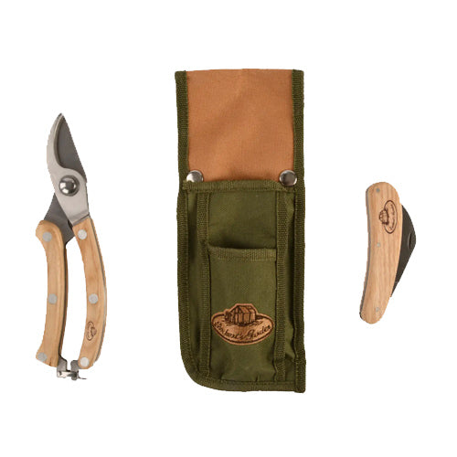 Gardening tool set with shears, knife, and green pouch on a white background