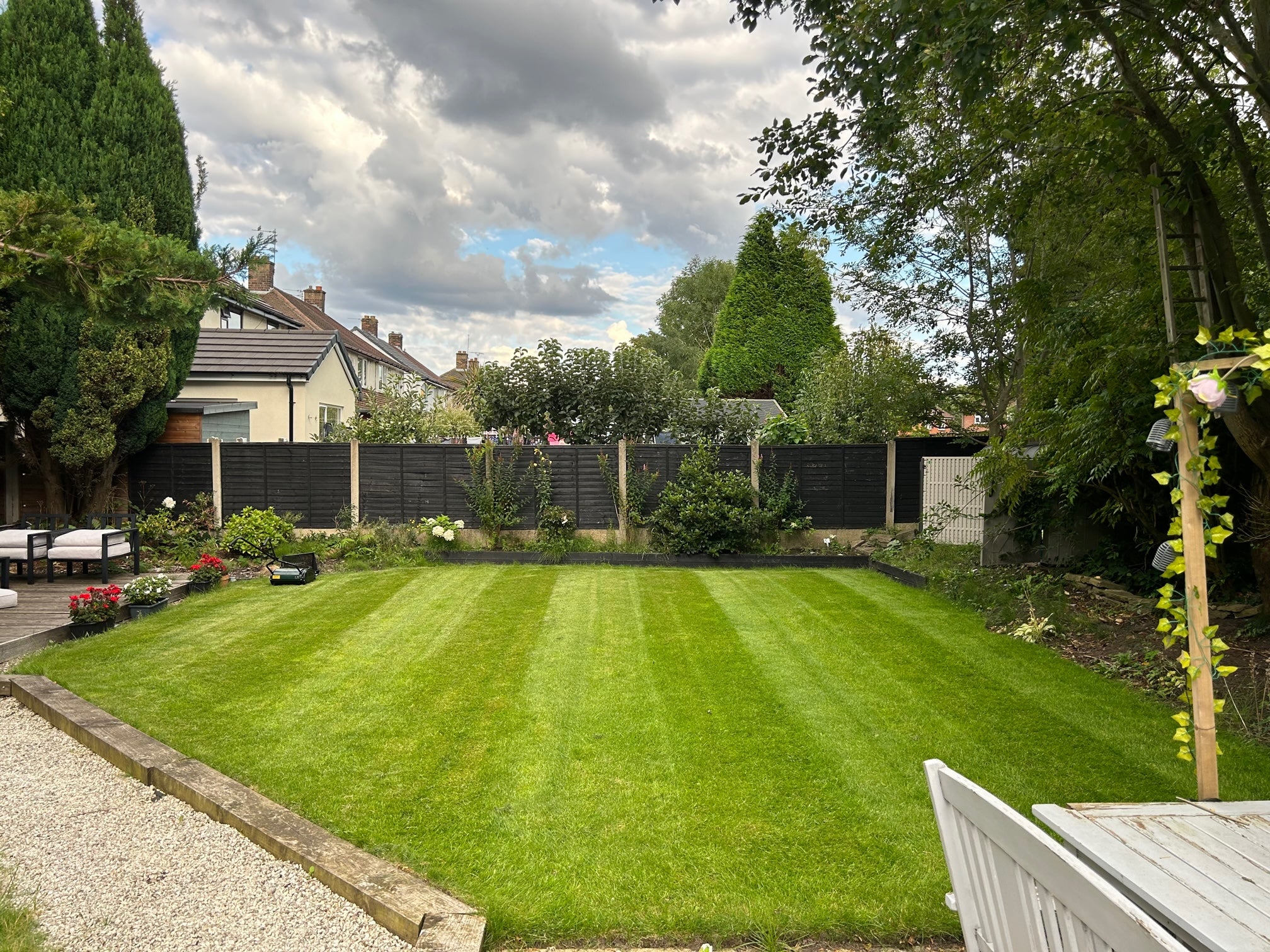 Lush green lawn with a white bench, trees, and houses in the background under a cloudy sky.