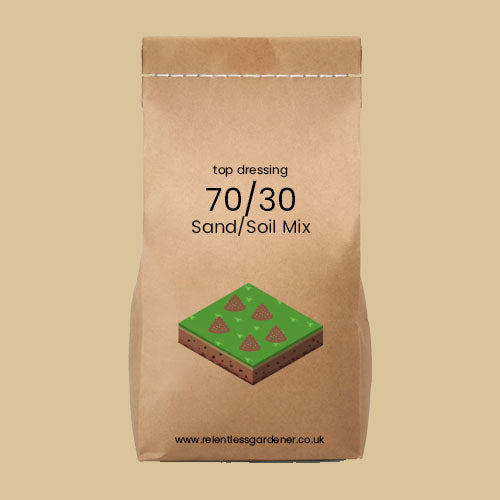 Eco-friendly Brown paper bag with 'top dressing 70/30 Sand/Soil Mix' text and a graphic of sand and soil on a beige background.