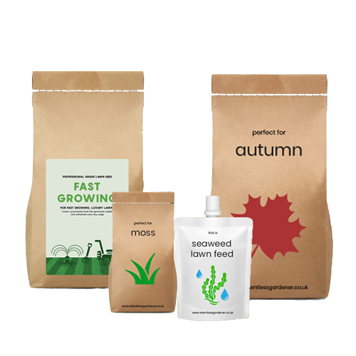Set of lawn care products Autumn Lawn Renovation Products including bags and a pouch on a white background