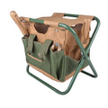 Brown and green folding stool with storage for gardening tools on a white background