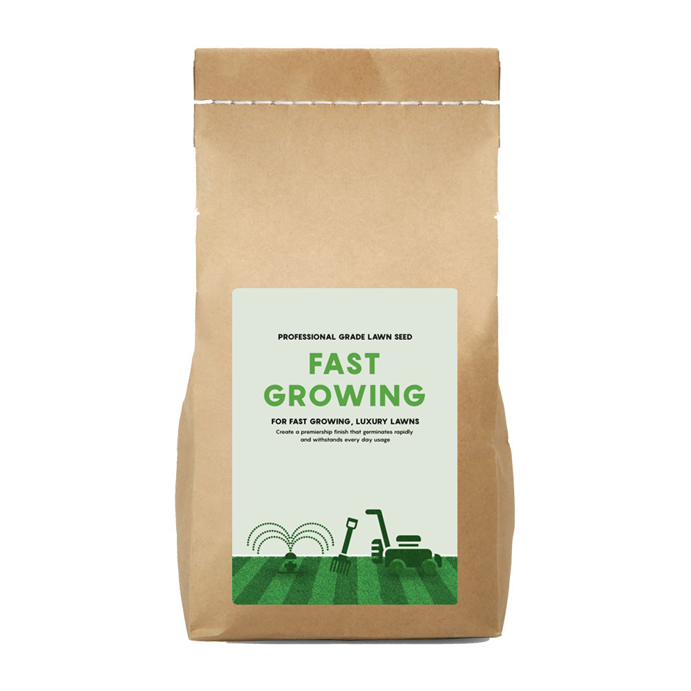 Brown paper bag with a label for fast-growing lawn seed by The Relentless Gardener on a white background
