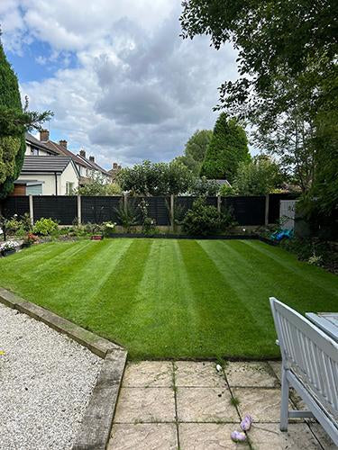 Lush green garden with a neatly trimmed lawn, a wooden bench, and residential houses in the background.