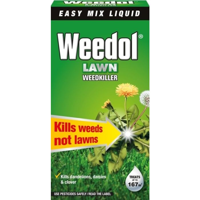 Weedol Lawn Weedkiller packaging with green background and images of weeds.