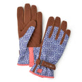 Pair of gardening gloves with blue patterned palm and brown accents on a white background