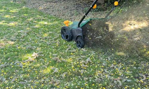 Scarifier going across lawn starting from one corner
